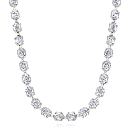 8.15CTW Natural Diamond 10K White Gold Square Baguette Cluster Chain (Solid Links) 22"