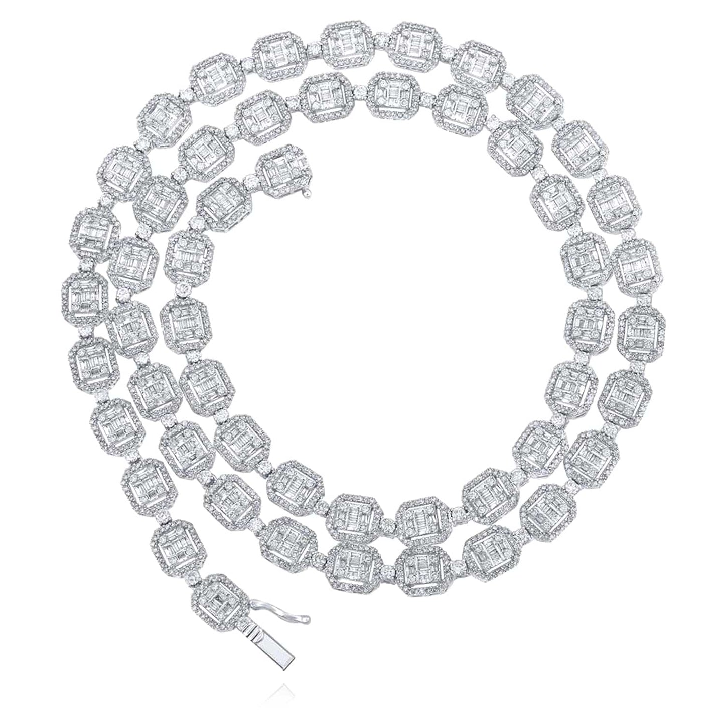 8-15CTW Real Diamond 10K White Gold Square Baguette Cluster Chain 22"