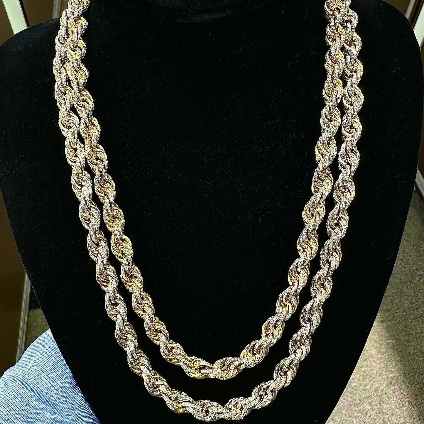 17.4CTW Real Diamond 10K Yellow Gold Solid 8mm Pave Rope Chain Necklace 22"