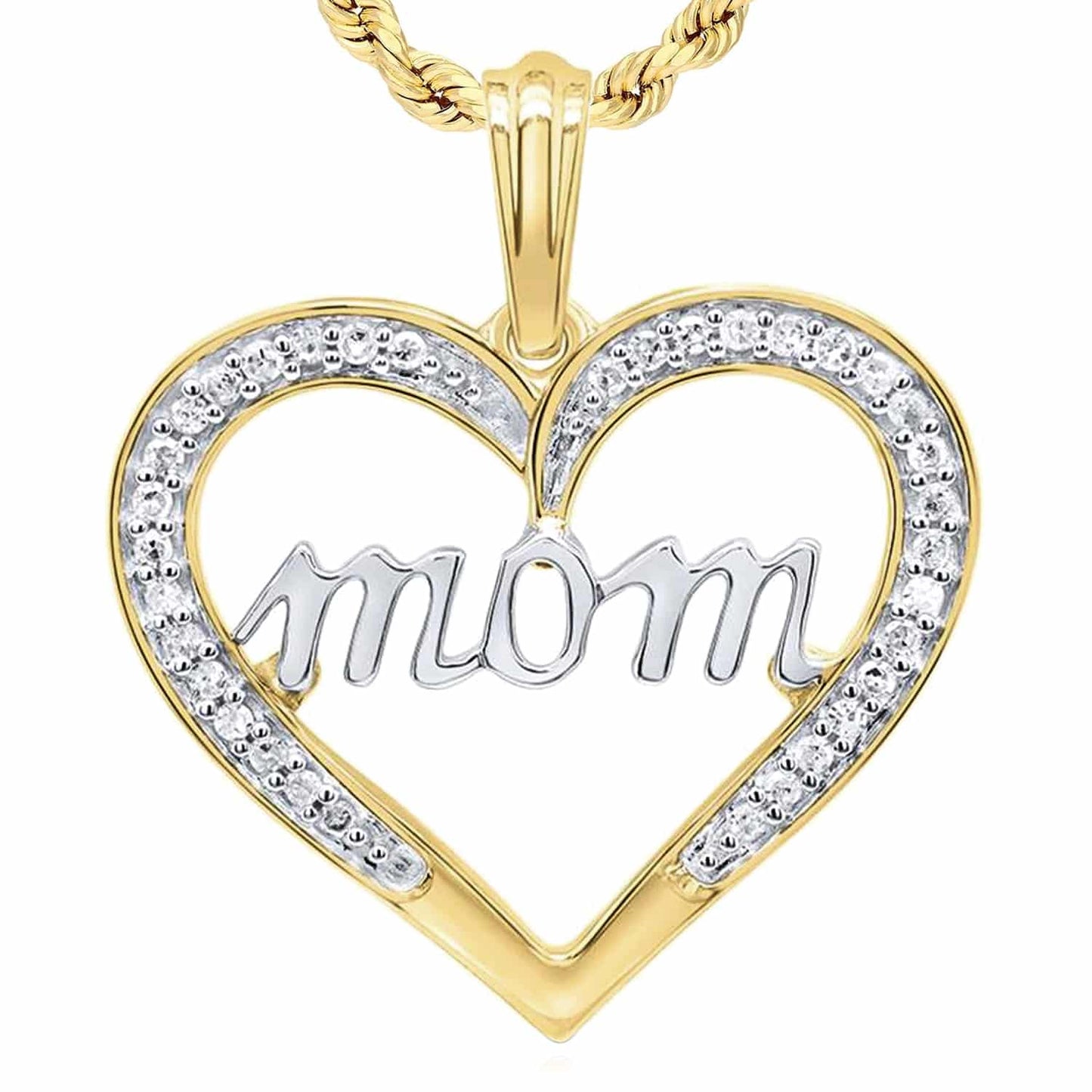 0.15CTW Real Diamond 10K Yellow White Rose Gold Open Heart Mom Pendant 0.8"
