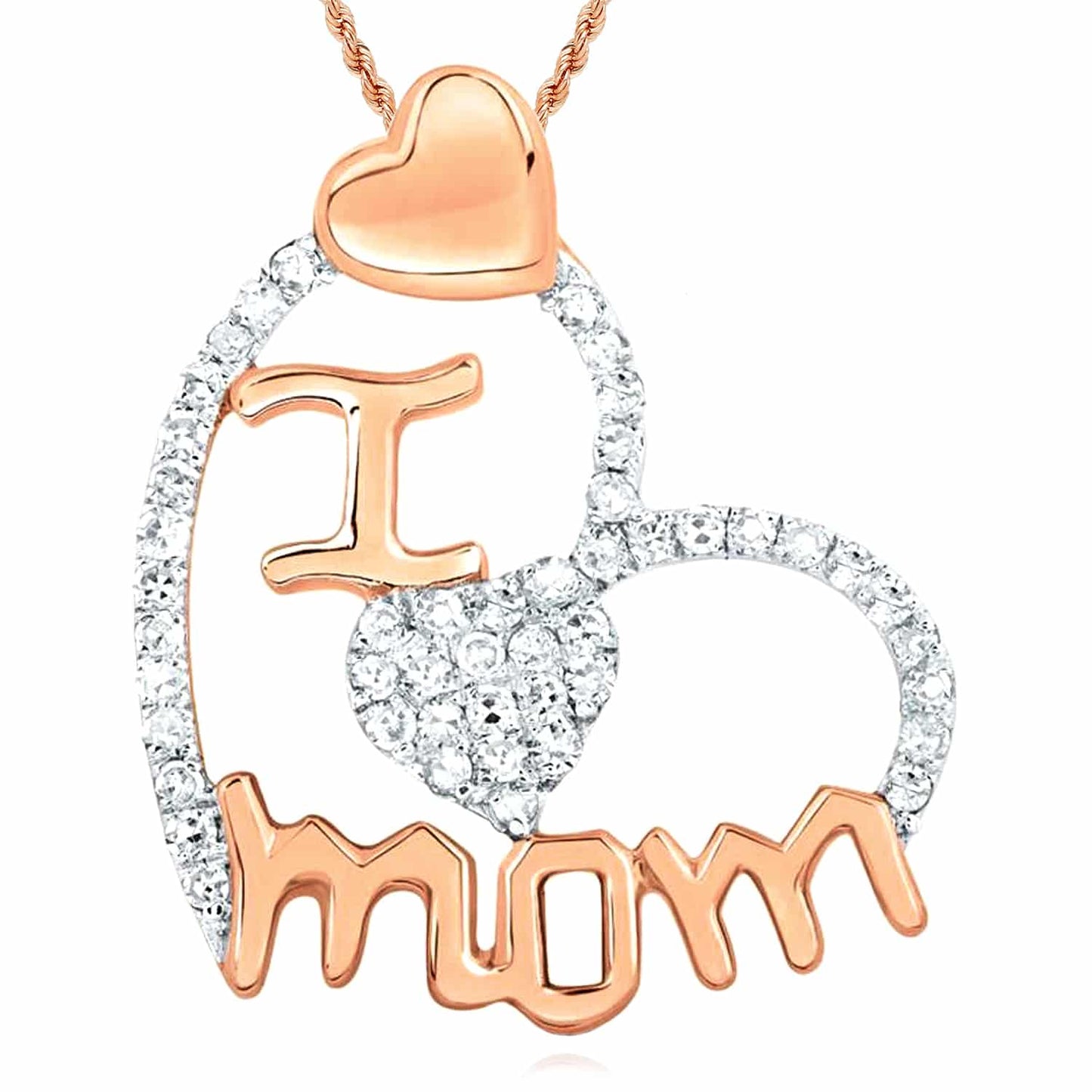 .25CTW Real Diamond 10K Gold Yellow White Rose I Love Mom Hearts Pendant 0.8"