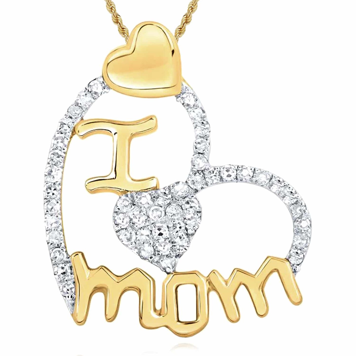 .25CTW Real Diamond 10K Gold Yellow White Rose I Love Mom Hearts Pendant 0.8"