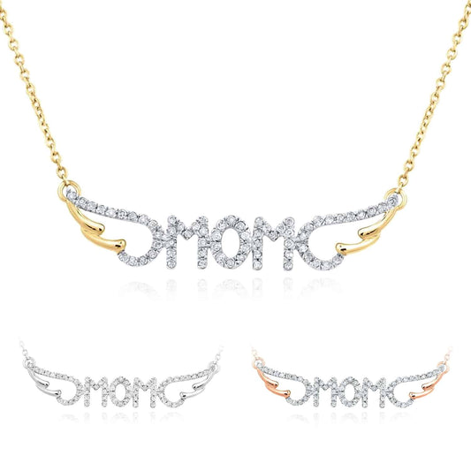 0.16CTW Natural Diamond 10K Yellow White Rose Gold Wings MOM Necklace (Solid Links) 18"