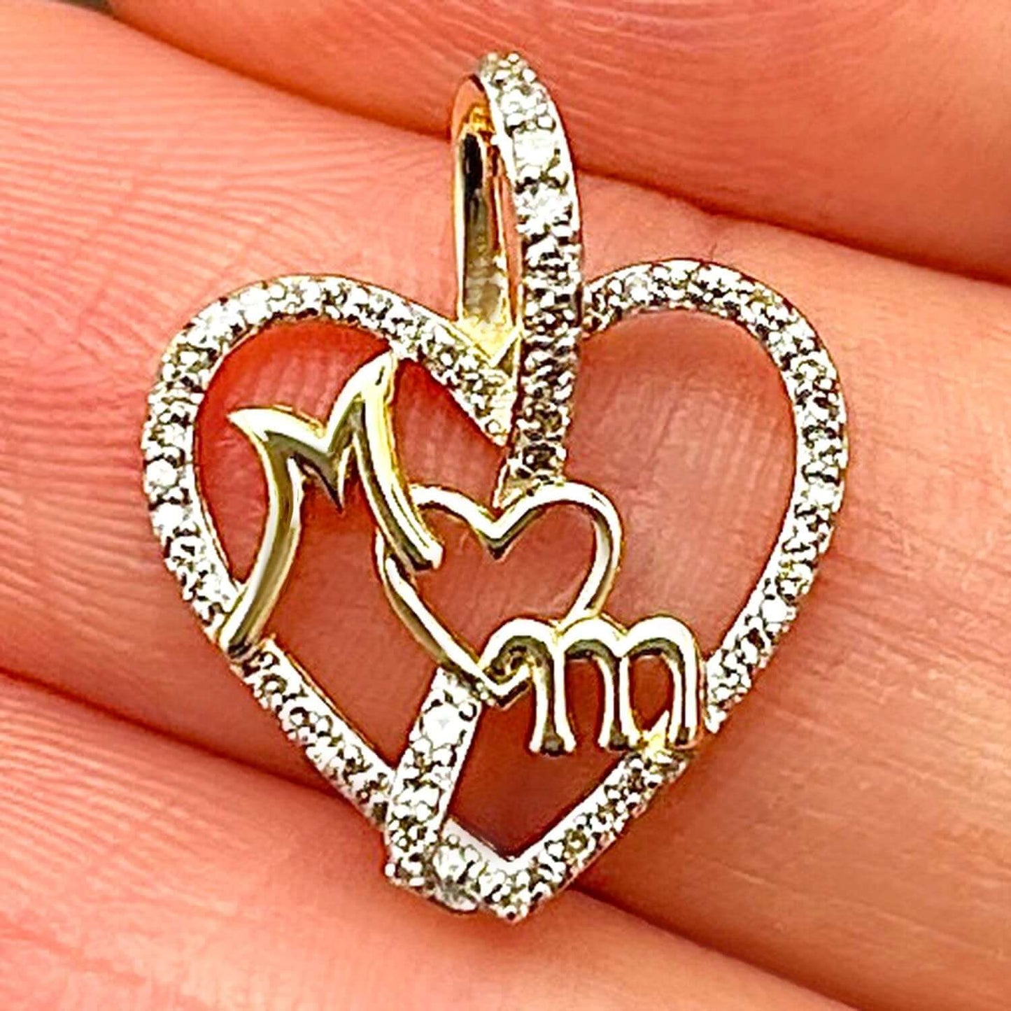 0.15CTW Natural Diamond 10K Yellow Gold Multiple Heart Mom Pendant