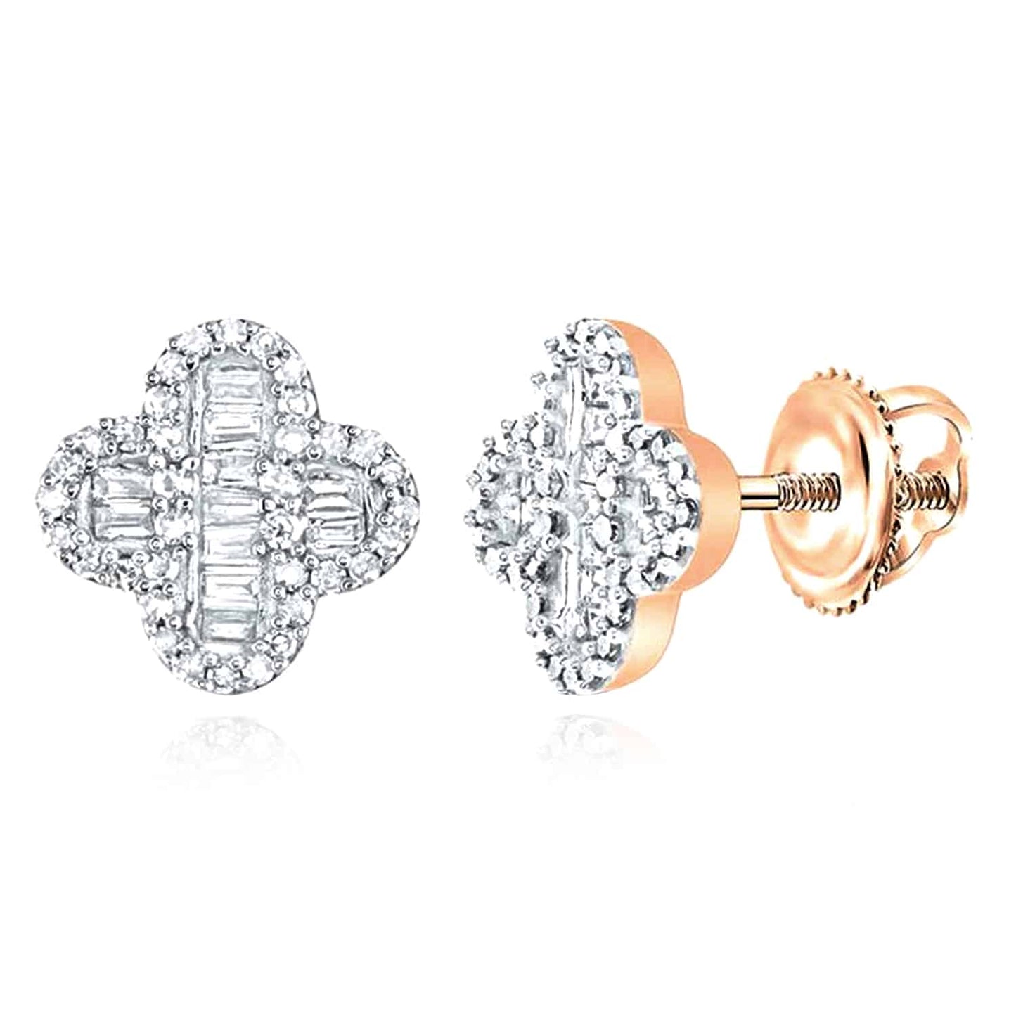 0.4CTW Natural Diamond 10K Gold Baguette Cluster Clover Screw Back Stud Earrings