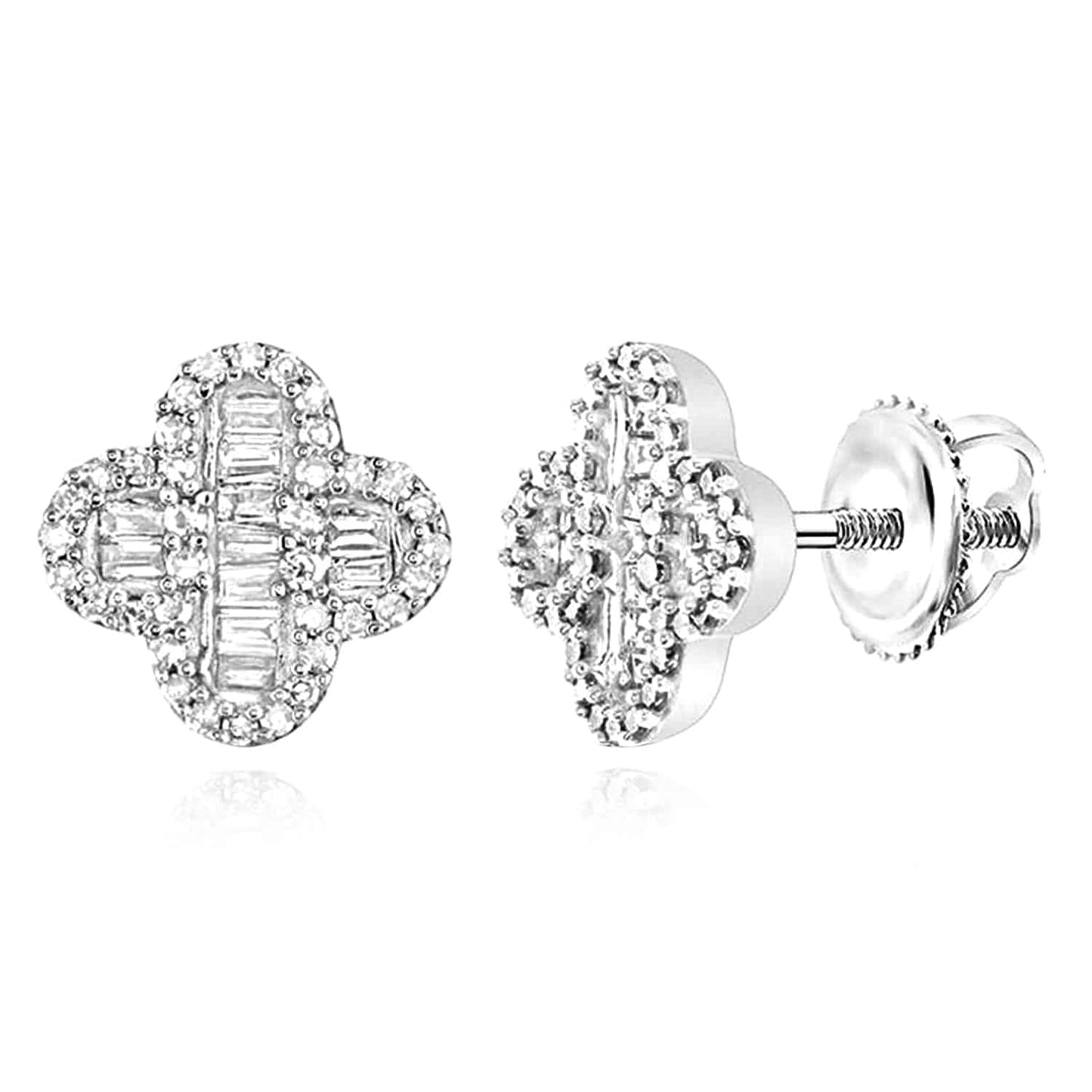 0.4CTW Natural Diamond 10K Gold Baguette Cluster Clover Screw Back Stud Earrings