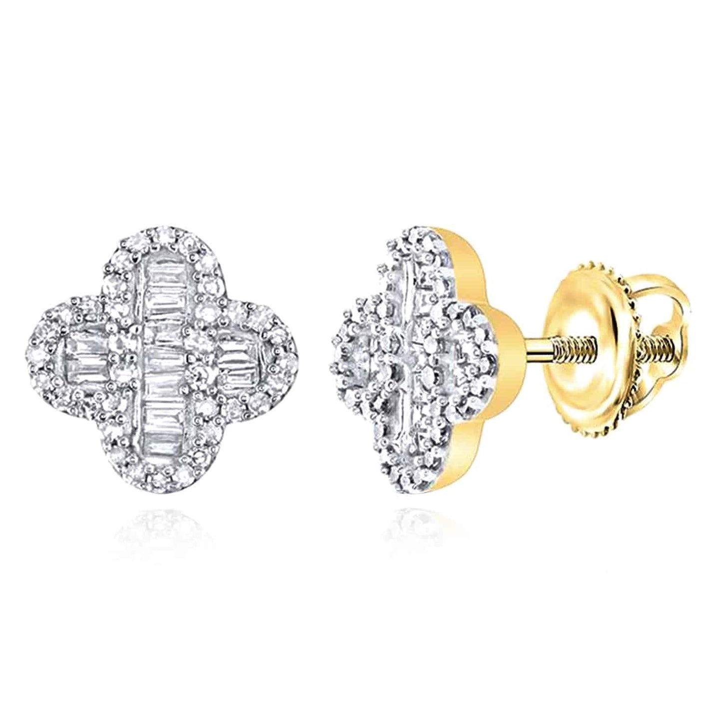0.4CTW Natural Diamond 10K Gold Baguette Cluster Clover Screw Back Stud Earrings