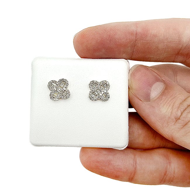 0.4CTW Real Diamond 10K Gold Baguette Cluster Clover Screw Back Stud Earrings