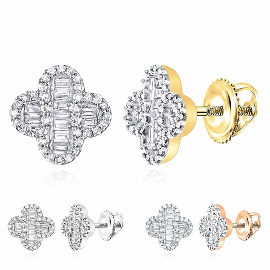 0.4CTW Natural Diamond 10K Gold Baguette Cluster Clover Screw Back Stud Earrings
