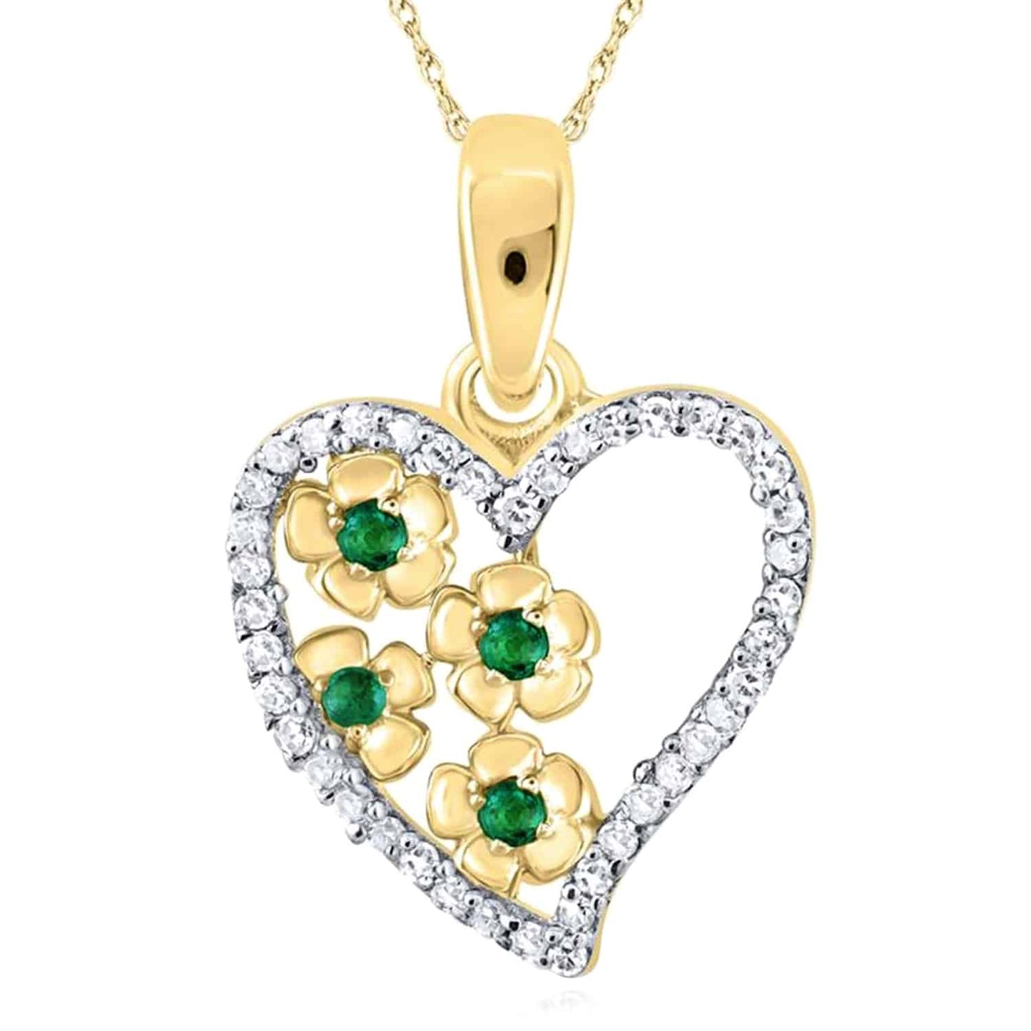 0.15CTW Real Diamond 10K Yellow Gold Emerald Flower Heart Pendant 0.7"