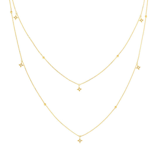 Natural Diamond Dangle 14K Yellow Gold Layered Star Necklace (Hollow) 18"-22" Adjustable