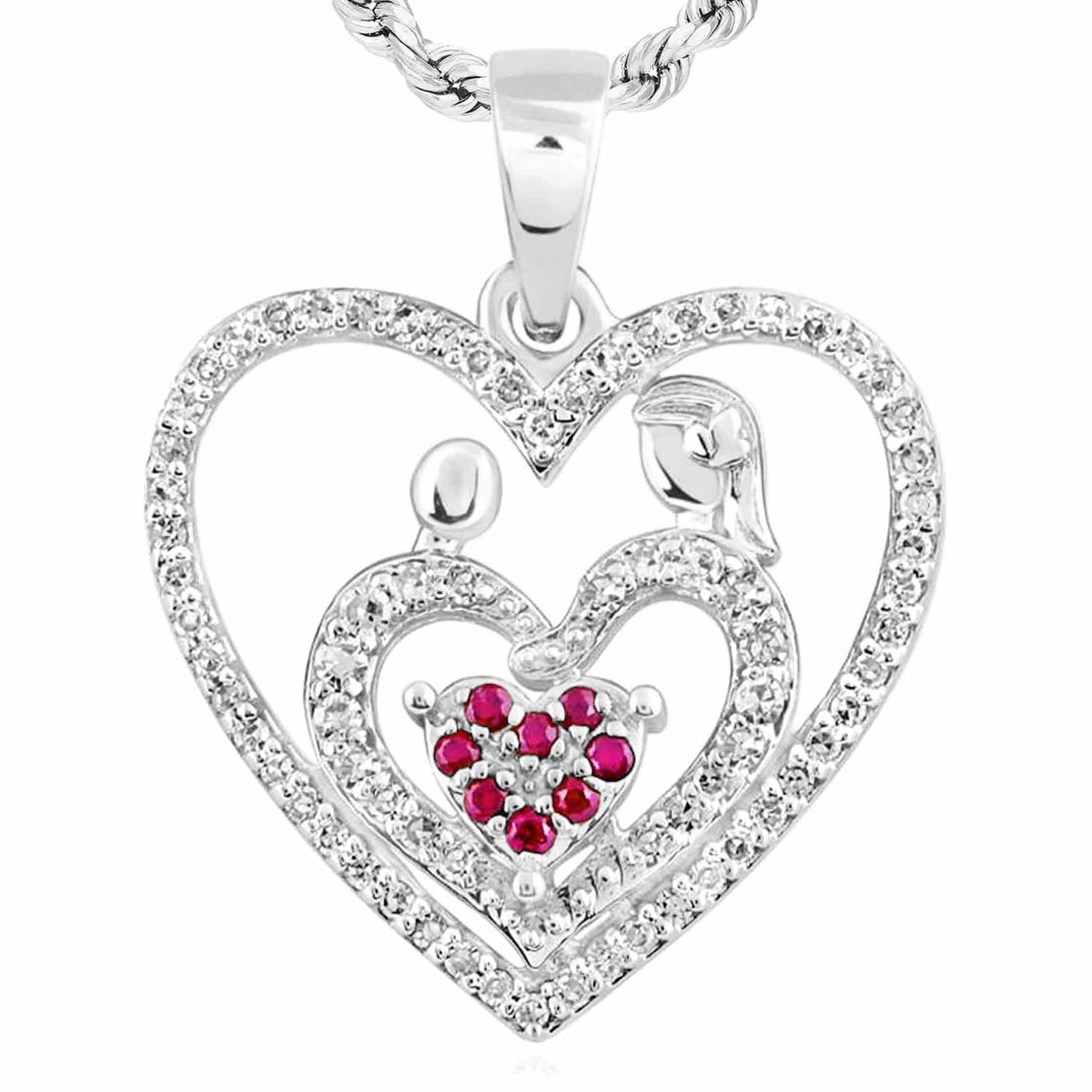 0.22CTW Natural Diamond 10K Gold Yellow White Rose Ruby Mother Kid Heart Pendant