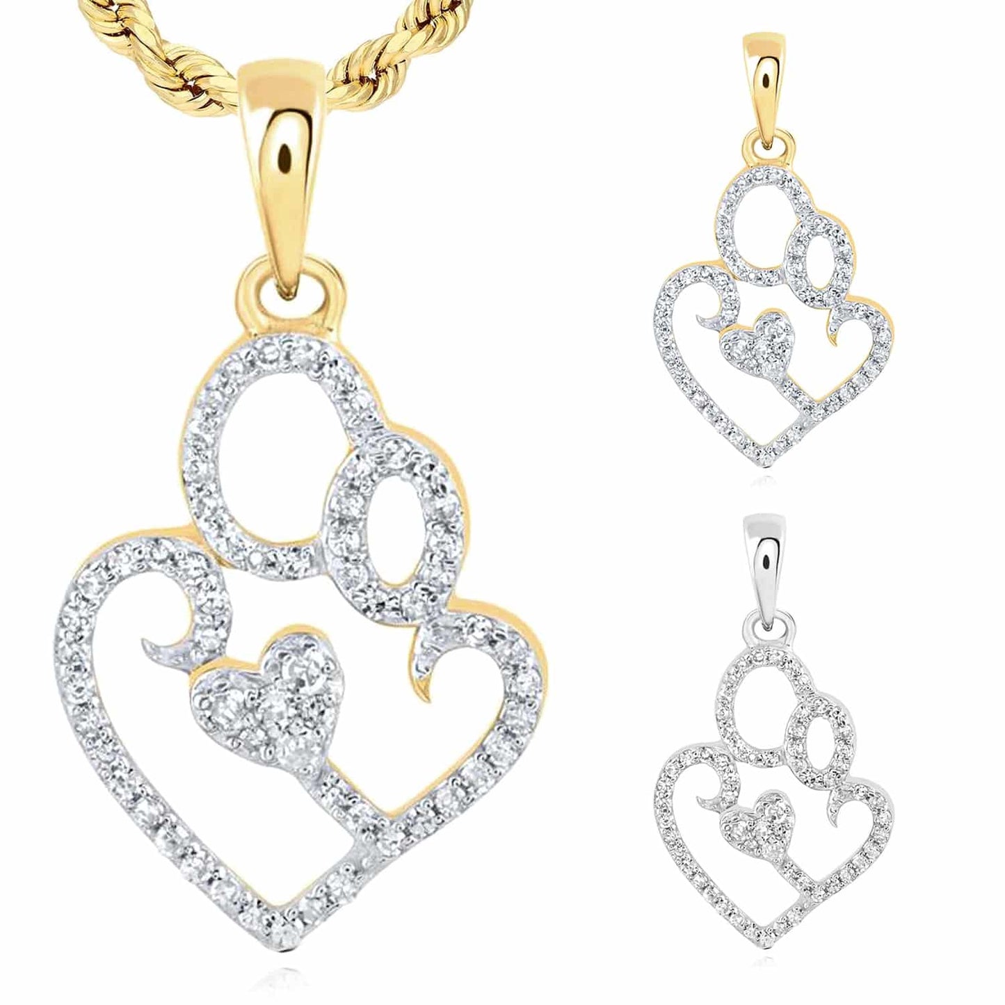 0.15CTW Real Diamond 10K Gold Yellow White Mother Child Heart Pendant 0.9"