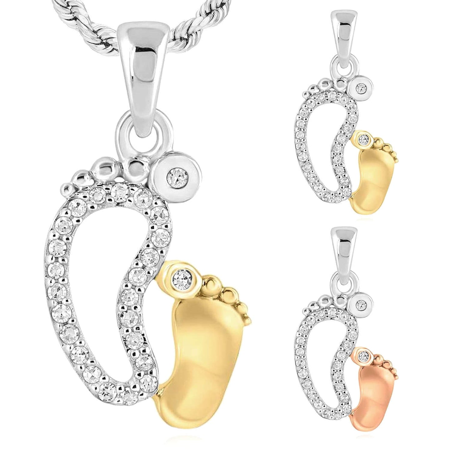 .08CTW Real Diamond 10K Gold White Yellow Rose Mother Child Footprint Pendant