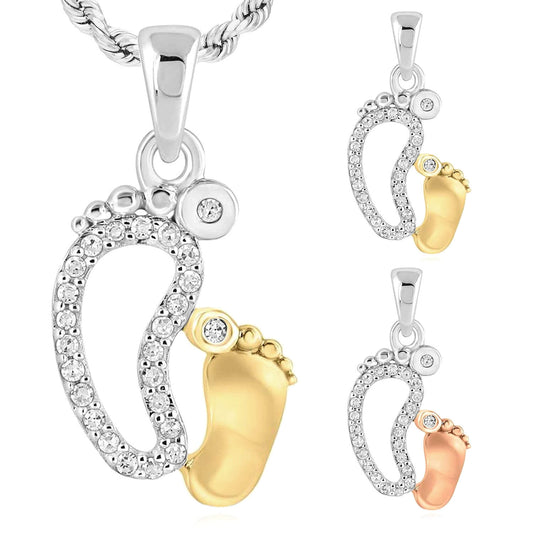 .08CTW Natural Diamond 10K Gold White Yellow Rose Mother Child Footprint Pendant