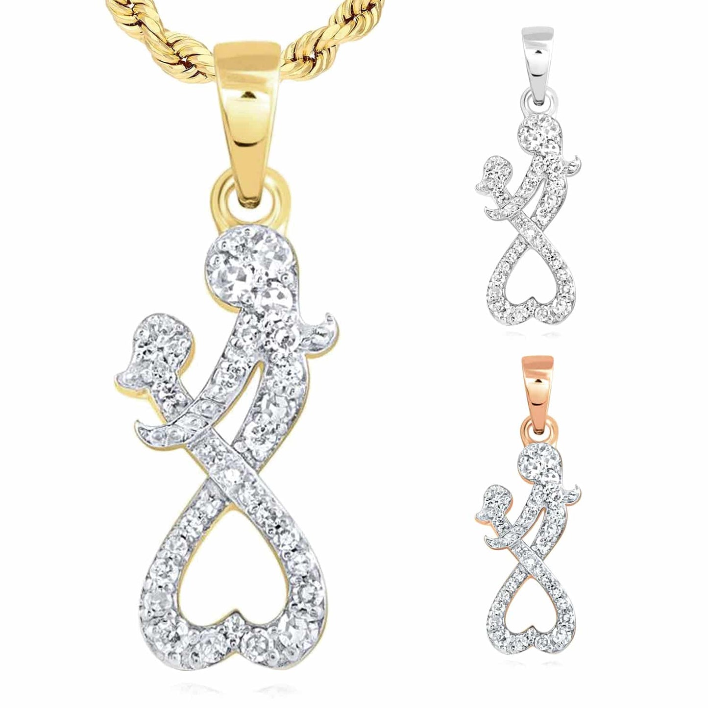 0.15CTW Real Diamond 10K Real Yellow White Rose Mother Child Heart Pendant