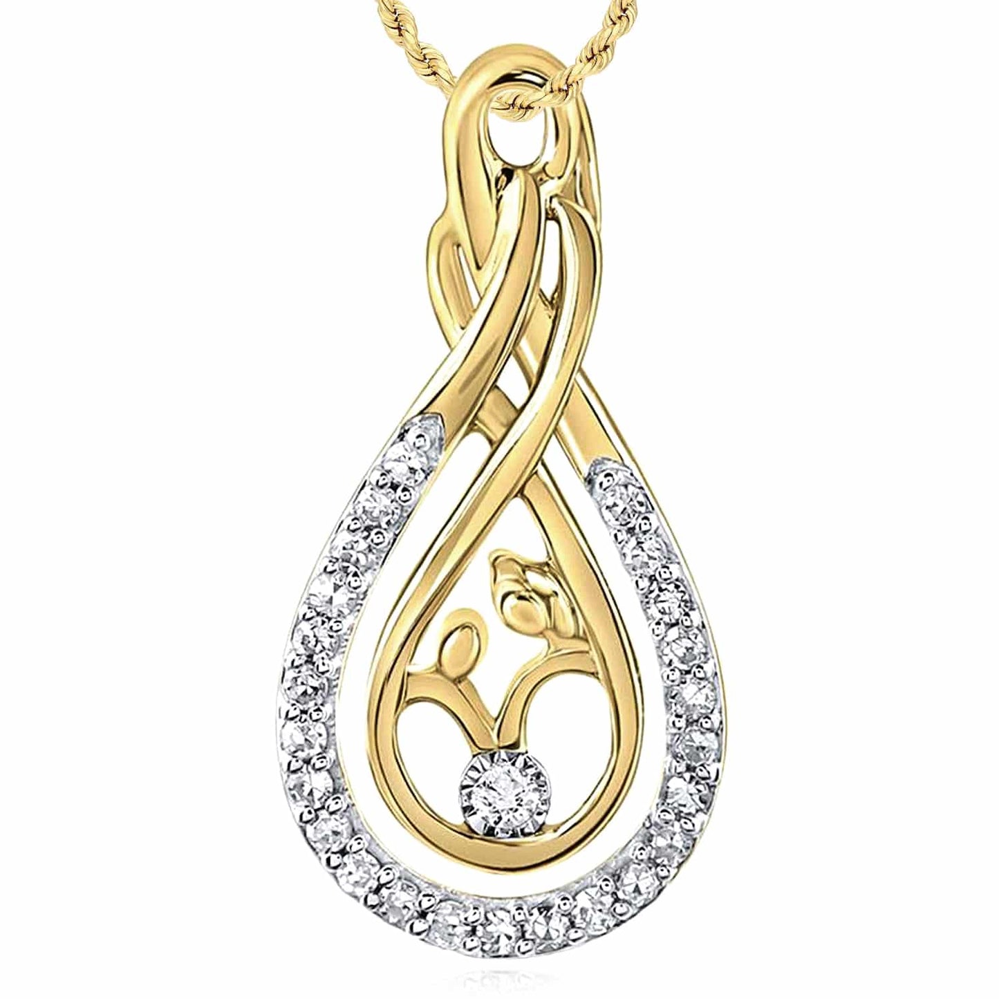 0.11CTW Real Diamond 10K Gold Yellow White Rose Mother Child Pendant