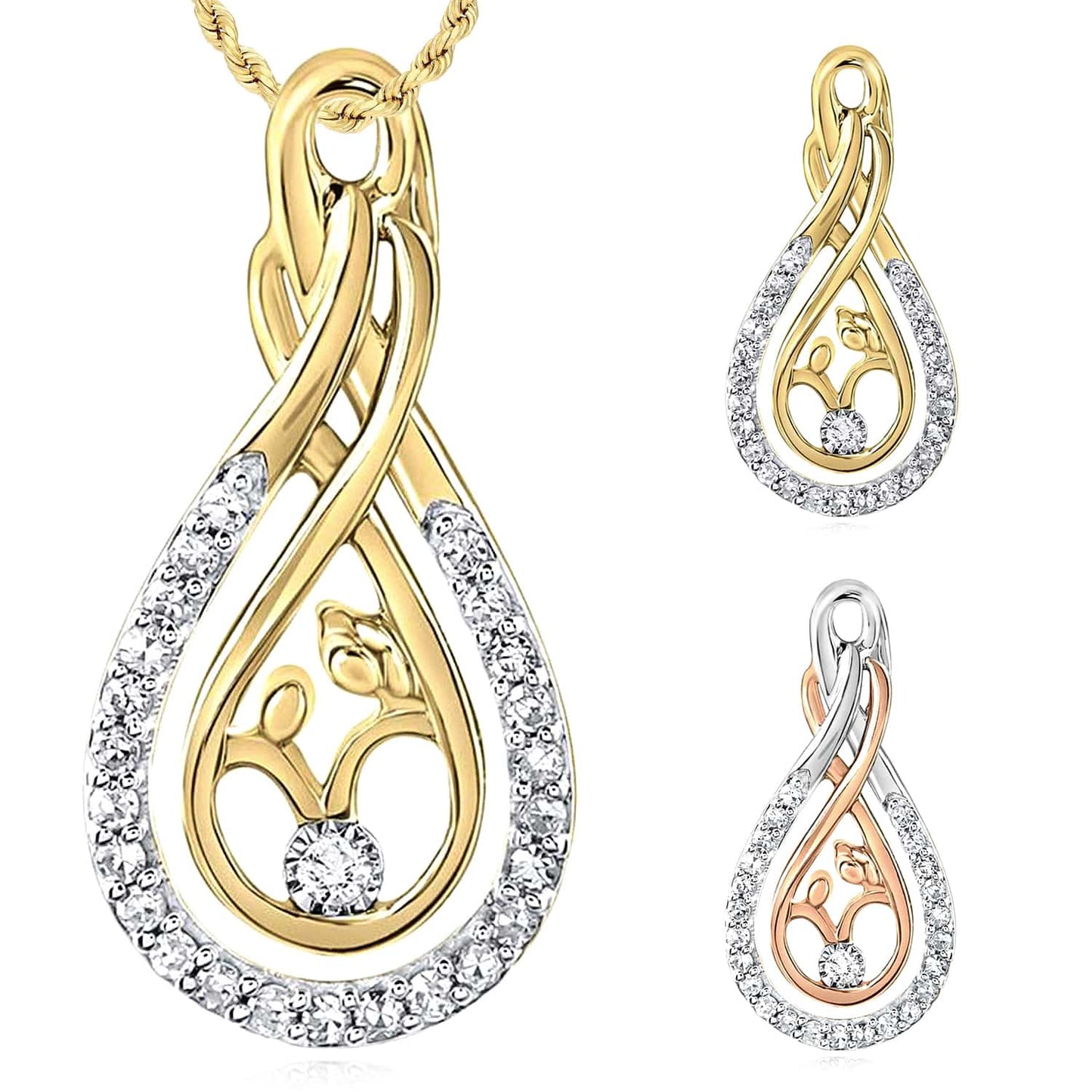 0.11CTW Real Diamond 10K Gold Yellow White Rose Mother Child Pendant