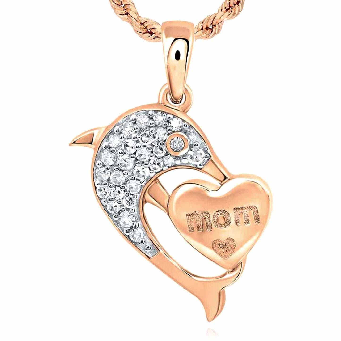 0.15CTW Real Diamond 10K Gold Yellow Rose Mom Heart Dolphin Pendant 0.86"