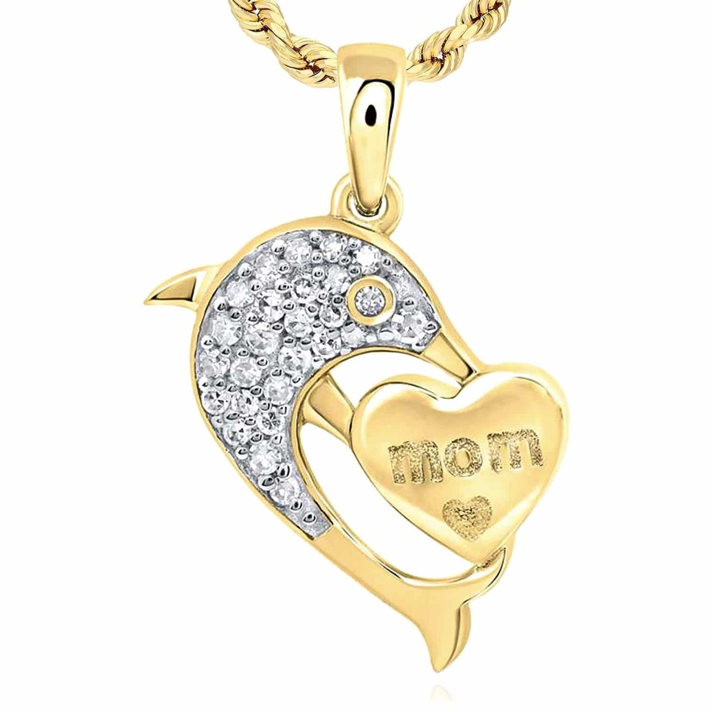 0.15CTW Real Diamond 10K Gold Yellow Rose Mom Heart Dolphin Pendant 0.86"