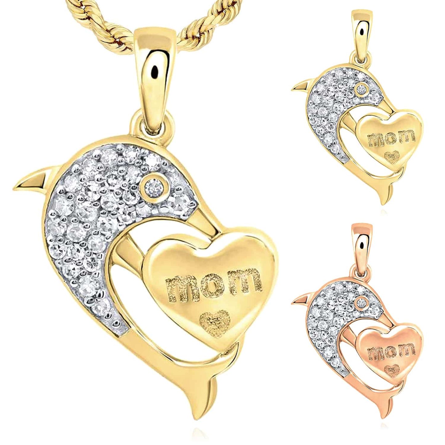 0.15CTW Real Diamond 10K Gold Yellow Rose Mom Heart Dolphin Pendant 0.86"