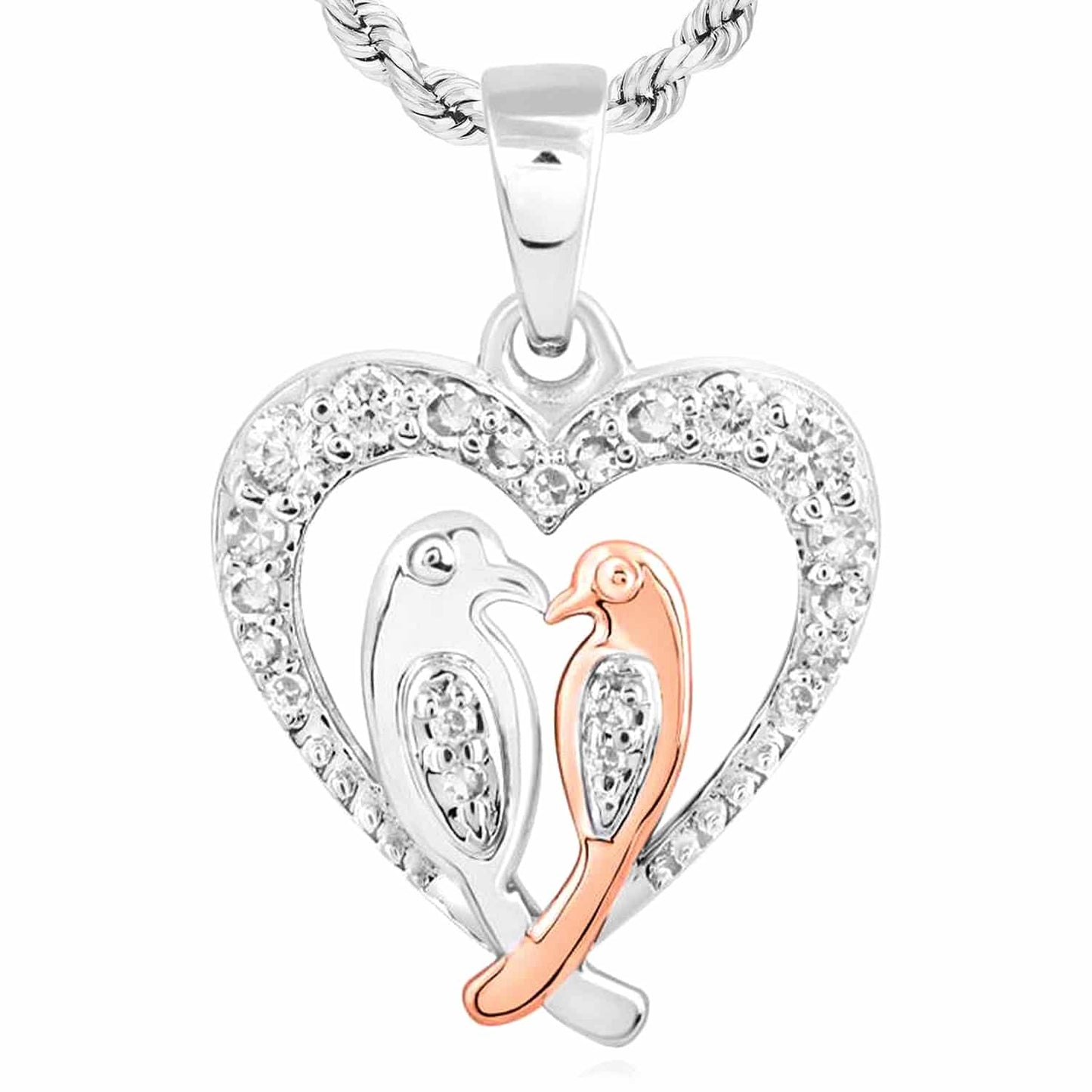 0.15CTW Real Diamond 10K Gold White Rose Love Birds Heart Pendant 0.75"