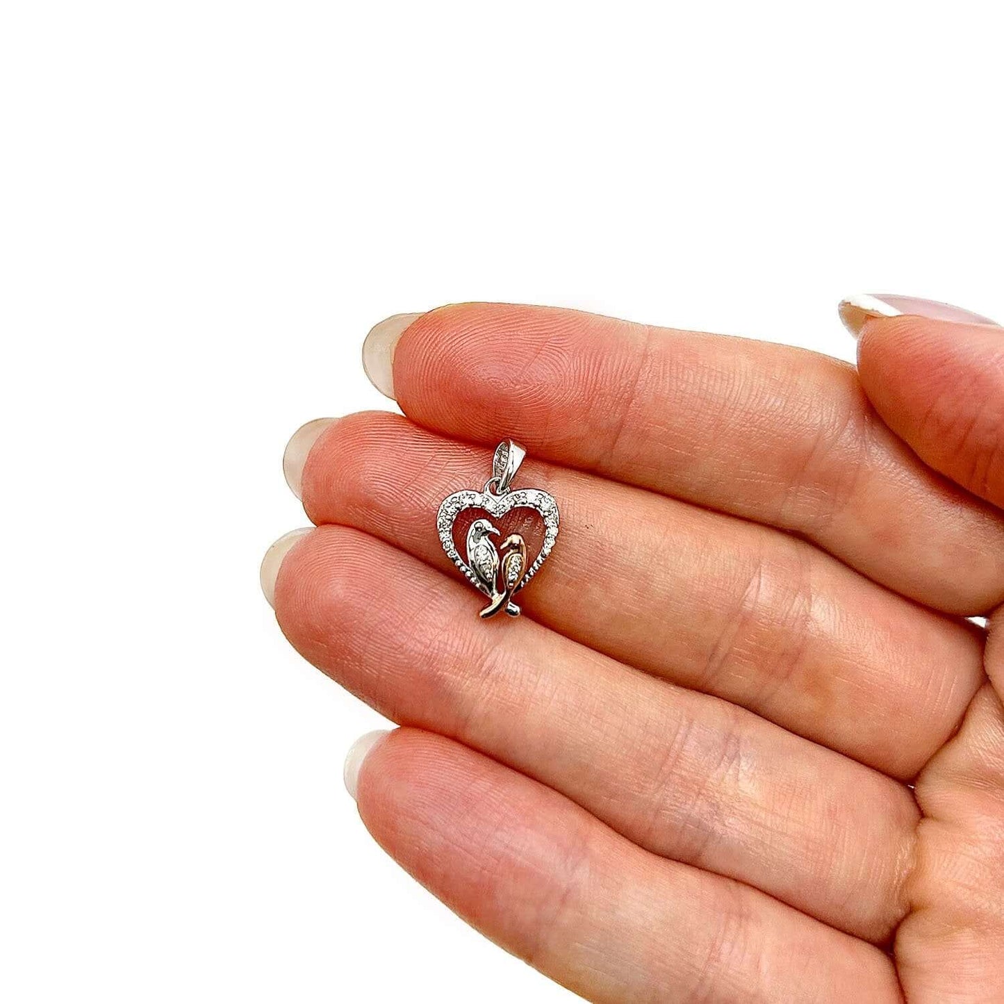 0.15CTW Real Diamond 10K Gold White Rose Love Birds Heart Pendant 0.75"