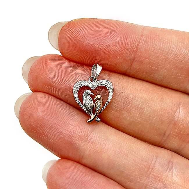 0.15CTW Real Diamond 10K Gold White Rose Love Birds Heart Pendant 0.75"