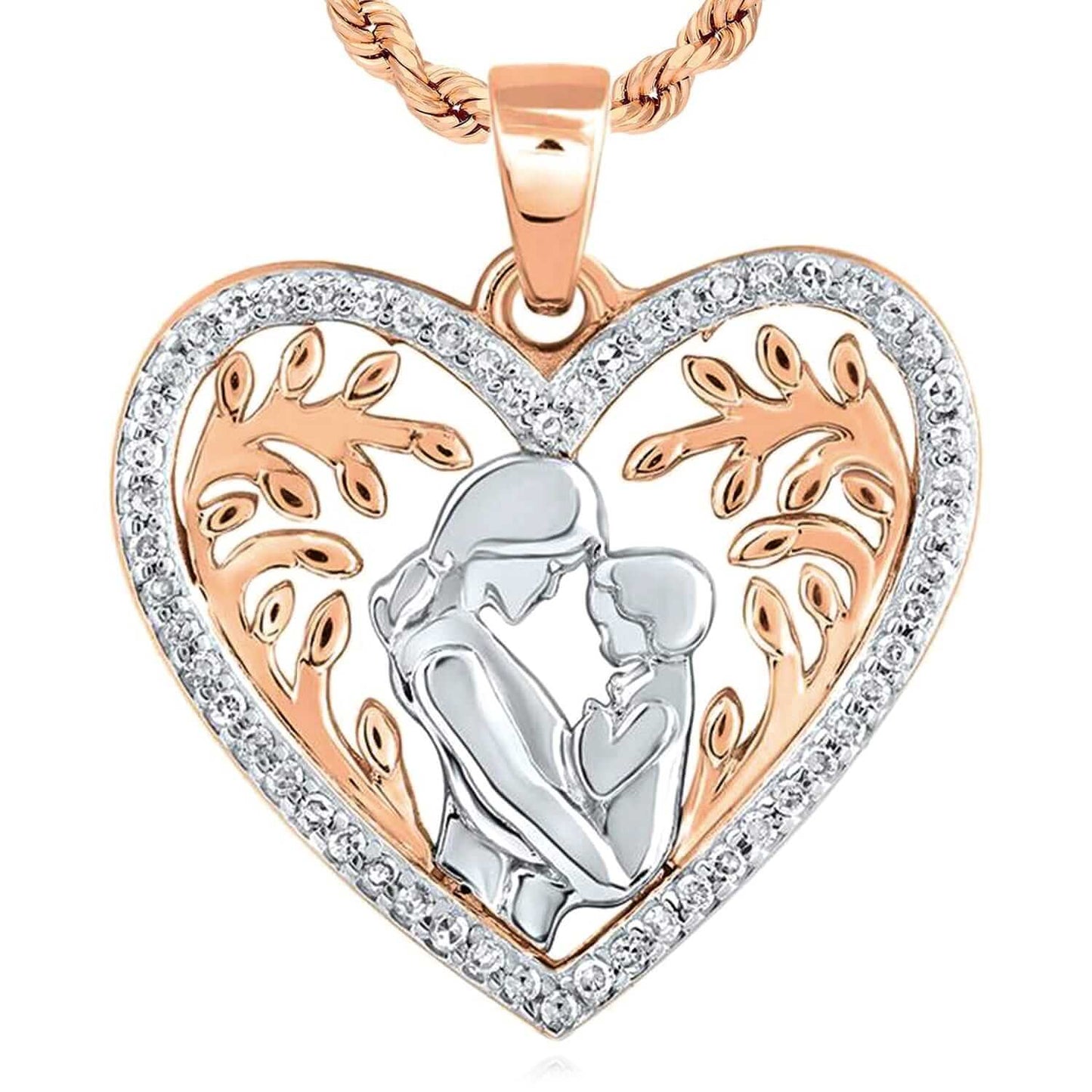 0.11CTW Real Diamond 10K Gold Yellow Rose Mother Child Heart Pendant 0.75"