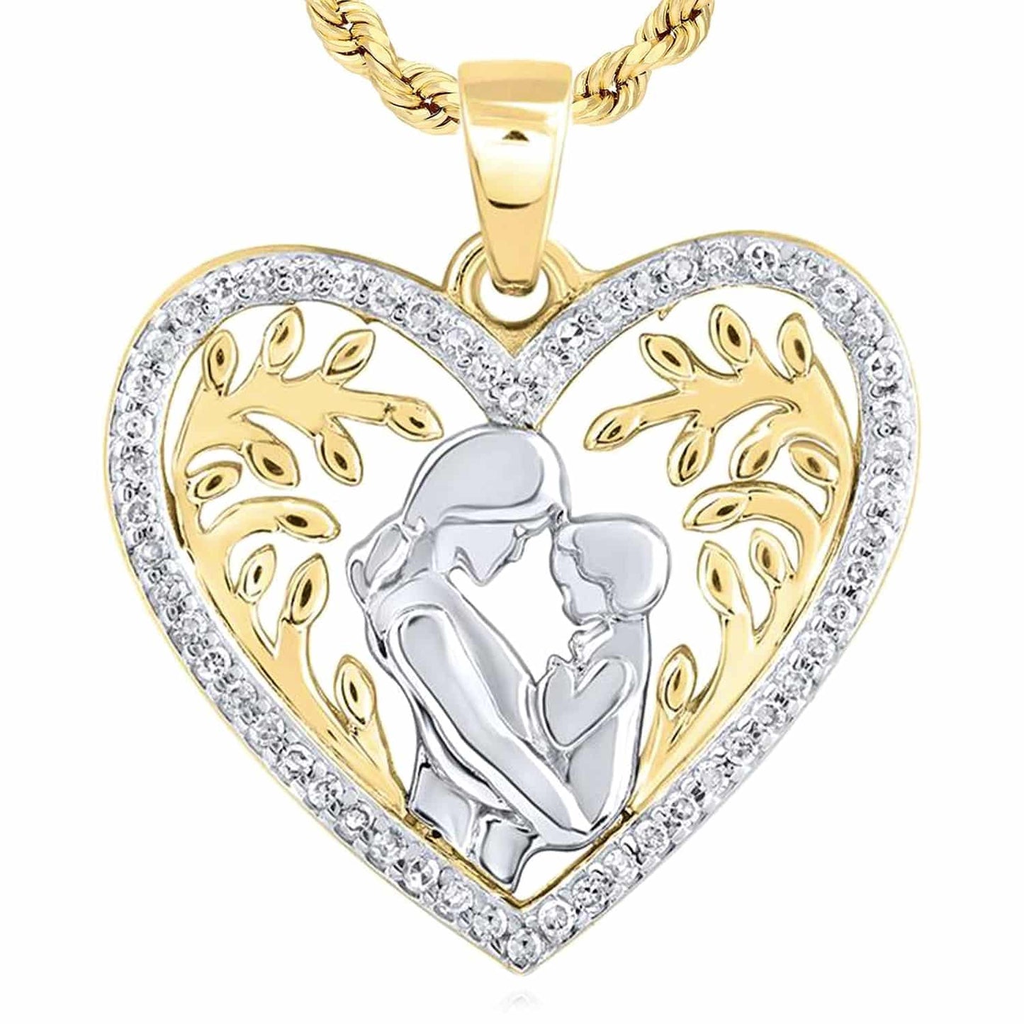 0.11CTW Real Diamond 10K Gold Yellow Rose Mother Child Heart Pendant 0.75"