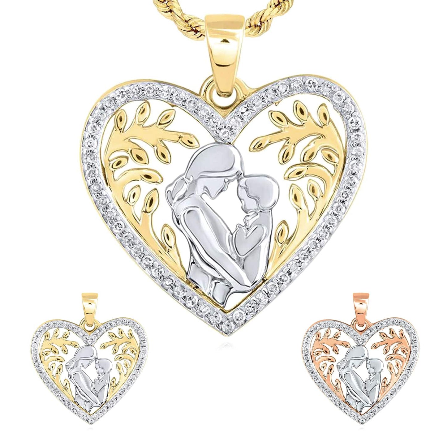 0.11CTW Real Diamond 10K Gold Yellow Rose Mother Child Heart Pendant 0.75"