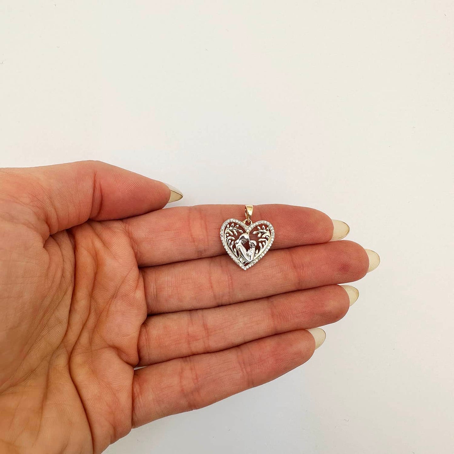 0.11CTW Real Diamond 10K Gold Yellow Rose Mother Child Heart Pendant 0.75"