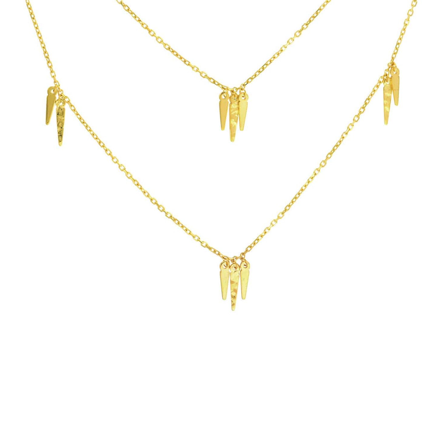 14K Real Gold Dangle Icicles Pendant Layered Duet Necklace 18"-22" Adjustable