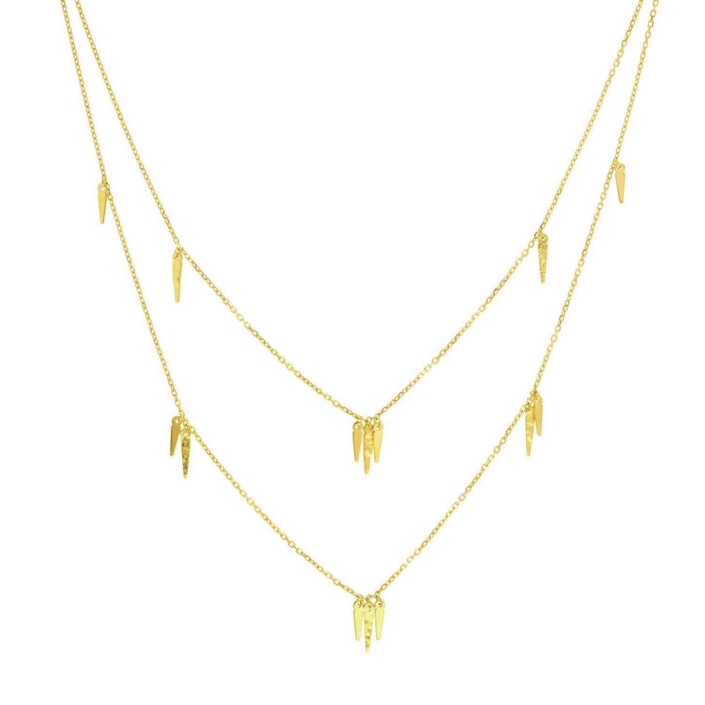 14K Real Gold Dangle Icicles Pendant Layered Duet Necklace 18"-22" Adjustable