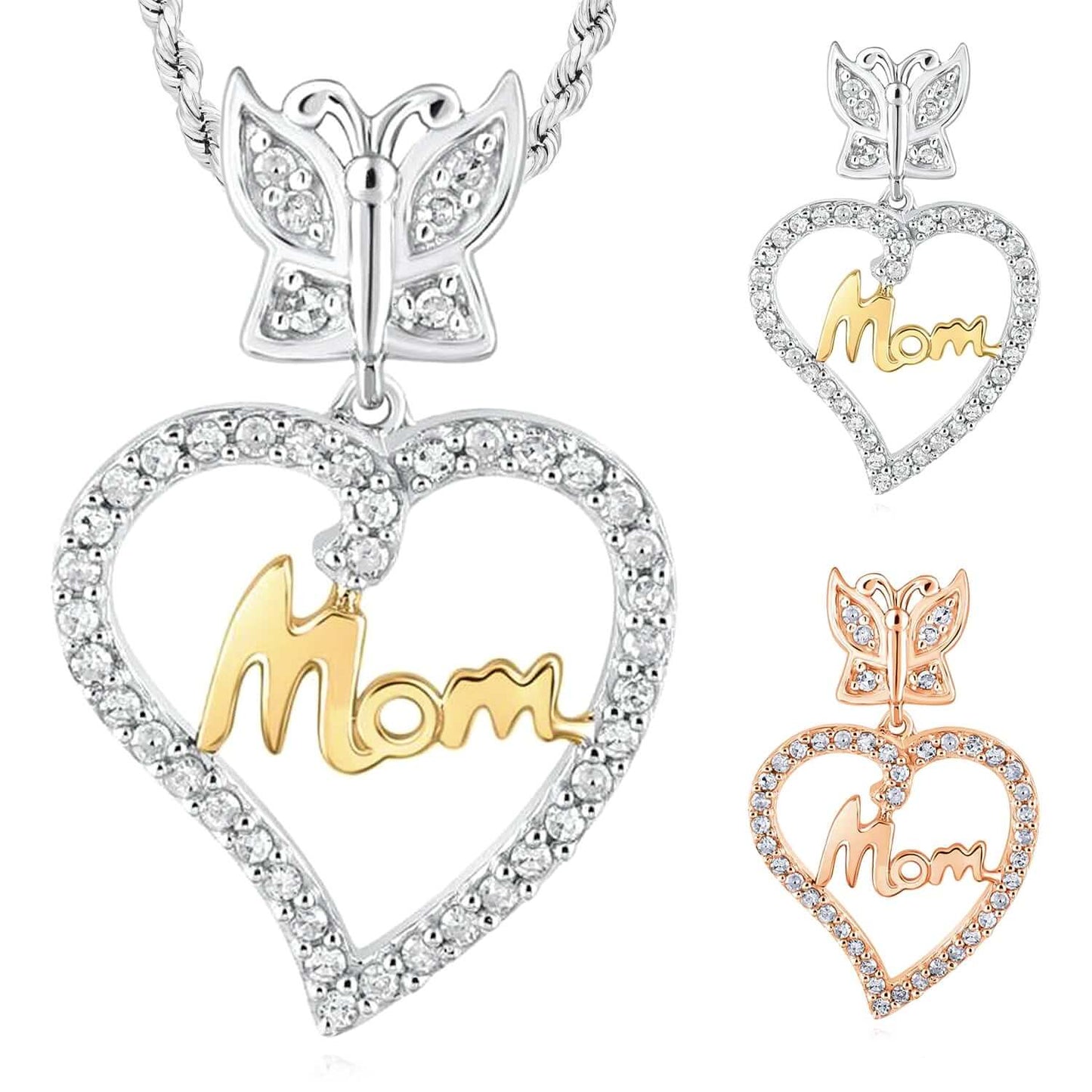 0.13CTW Real Diamond 10K Gold Yellow Rose White Butterfly Heart Pendant 0.77"