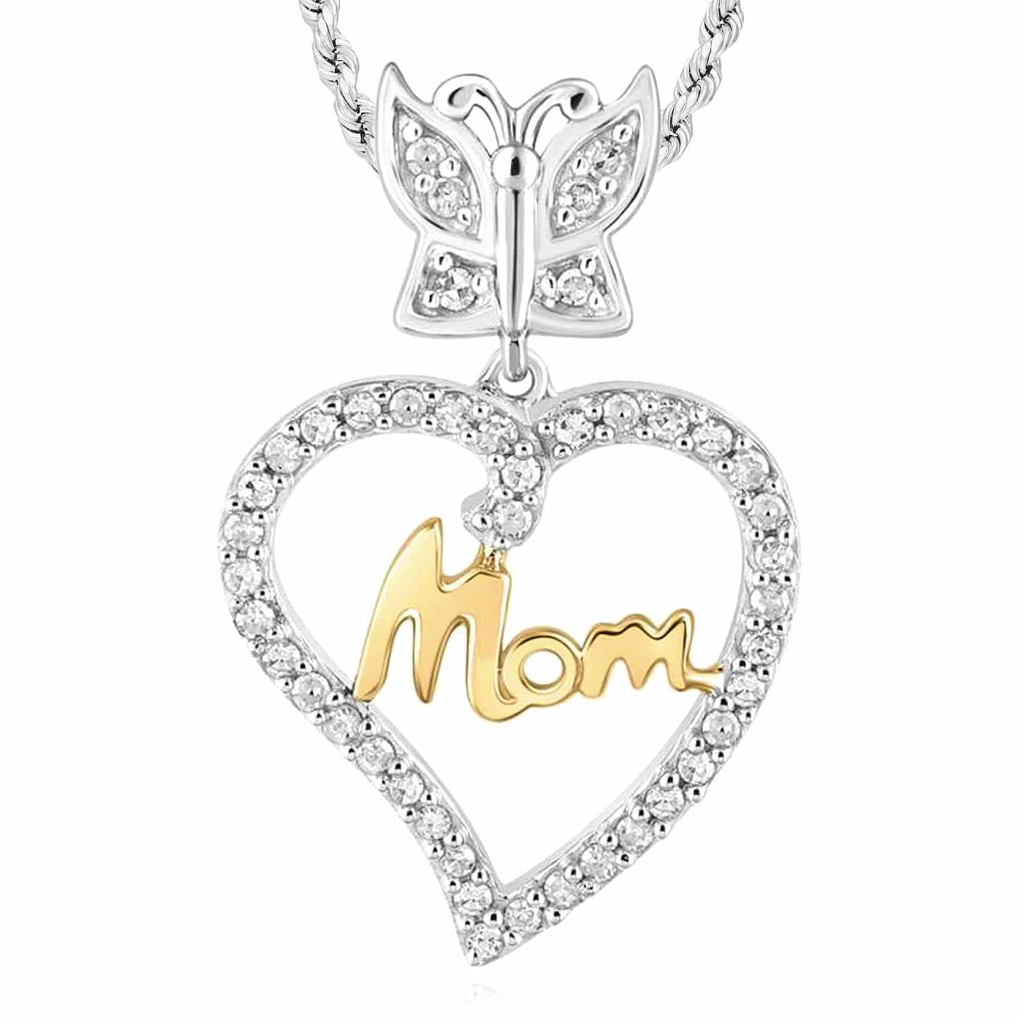 0.13CTW Real Diamond 10K Gold Yellow Rose White Butterfly Heart Pendant 0.77"