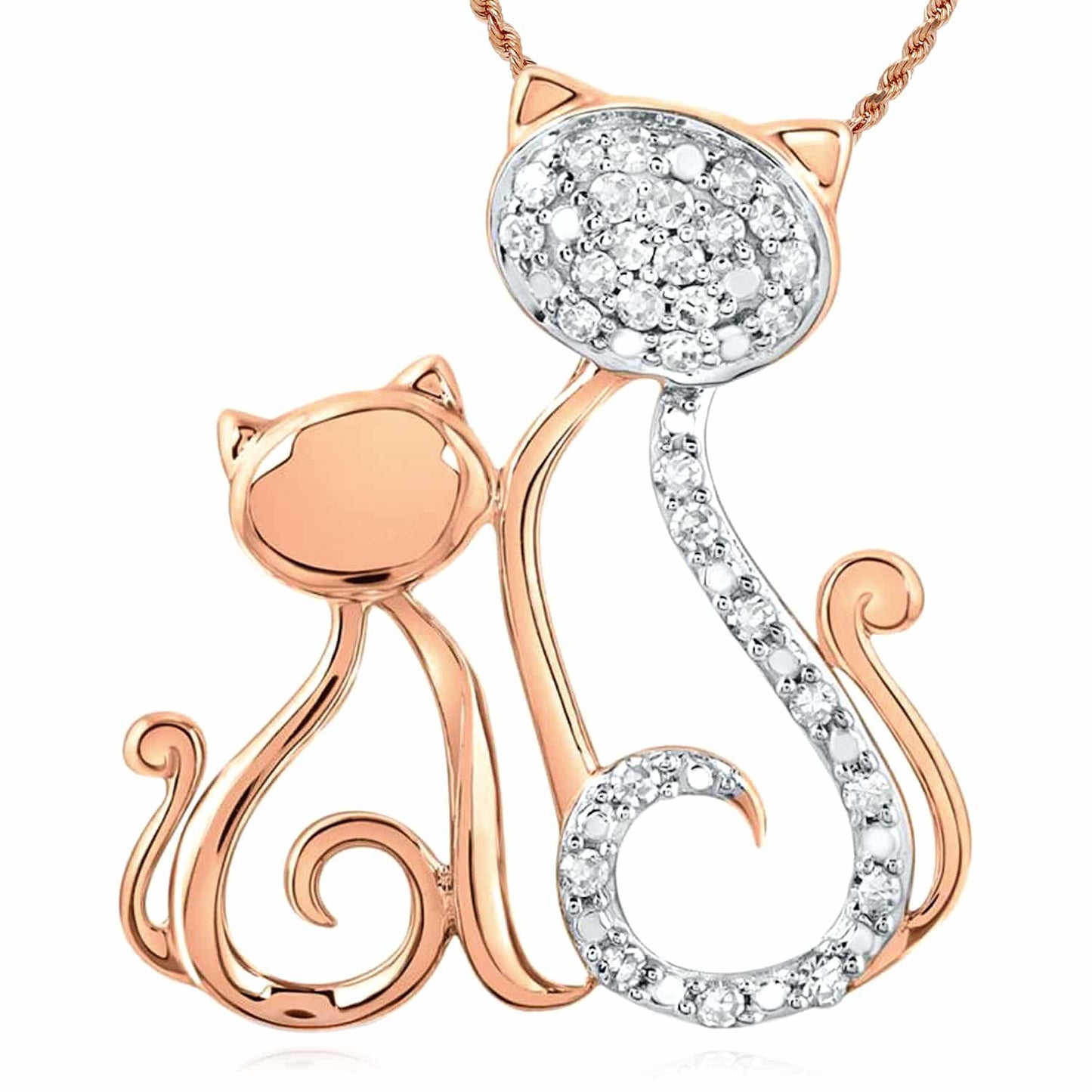 0.12CTW Real Diamond 10K Gold Yellow White Rose Mother Child Cat Pendant 0.8"