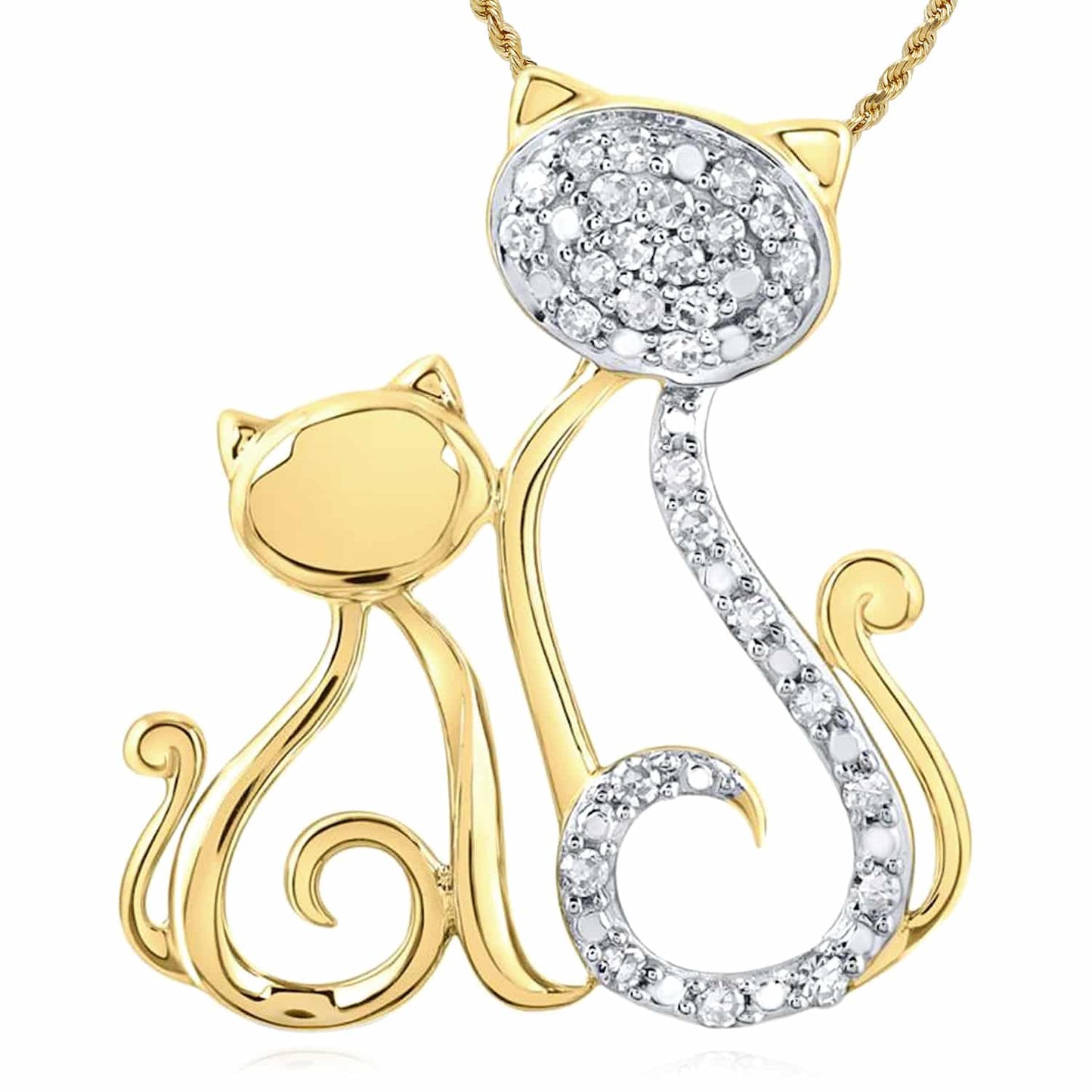 0.12CTW Real Diamond 10K Gold Yellow White Rose Mother Child Cat Pendant 0.8"