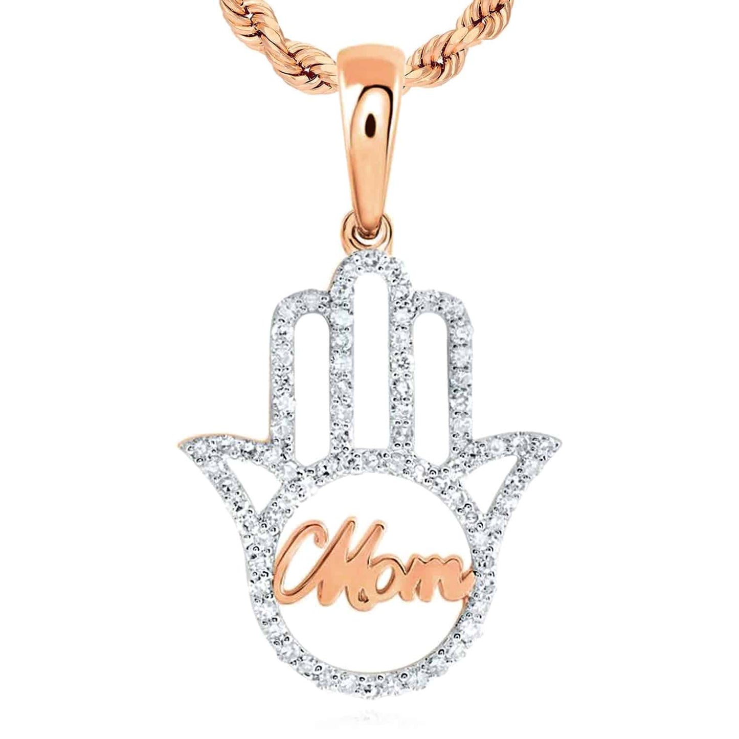 0.32CTW Real Diamond 10K Gold Yellow White Rose Mom Hamsa Hand Pendant