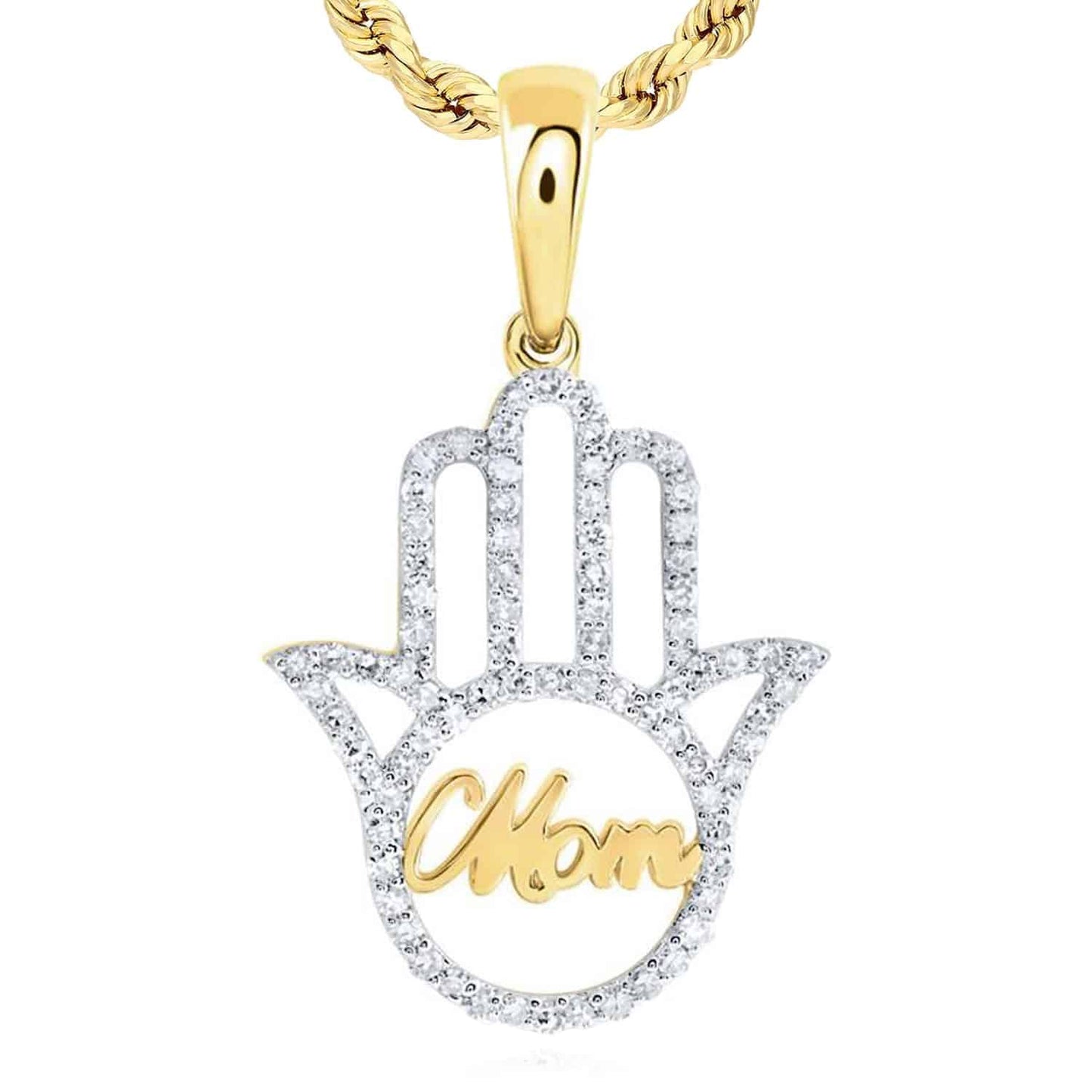 0.32CTW Real Diamond 10K Gold Yellow White Rose Mom Hamsa Hand Pendant