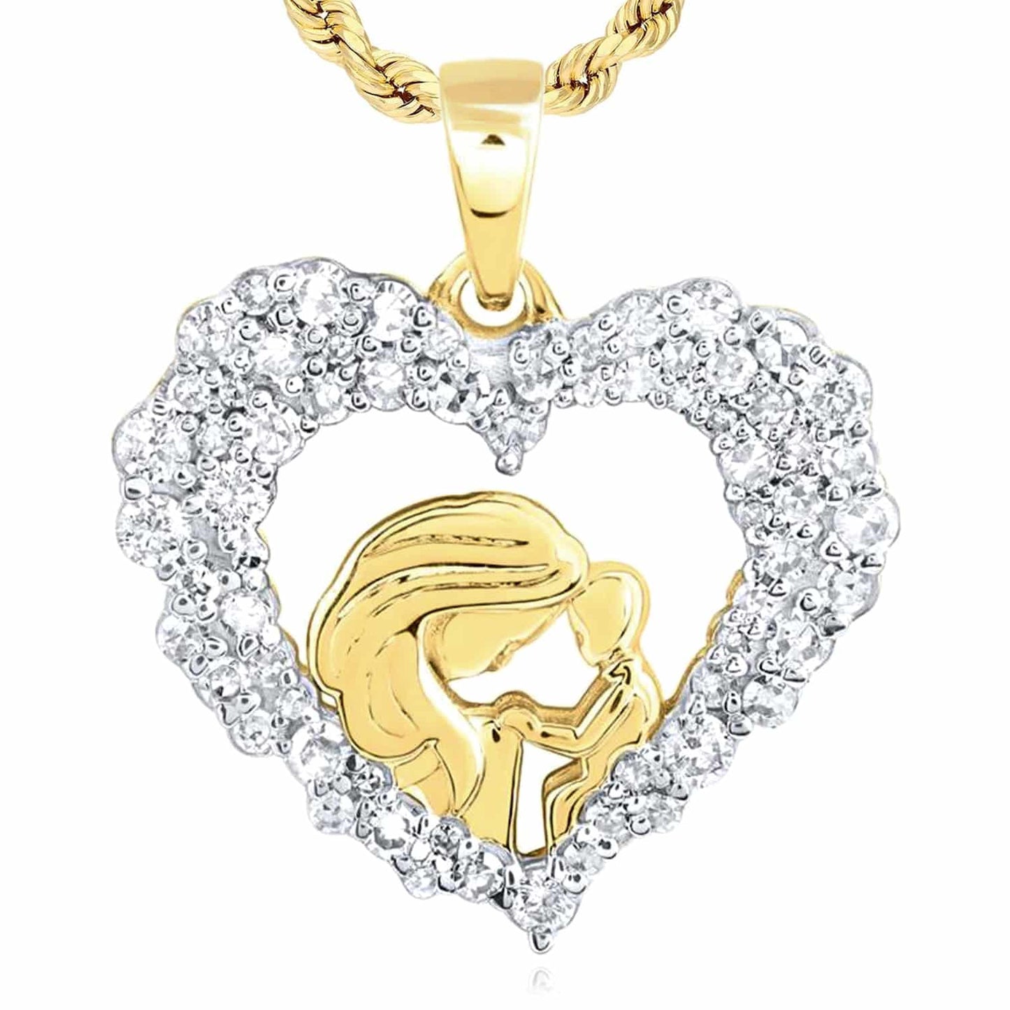 0.45CTW Real Diamond 10K Yellow Gold Mother Child Heart Pendant 0.83"