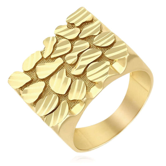 10K Yellow Gold Diamond-Cut Rectangular Men's Nugget Signet Ring