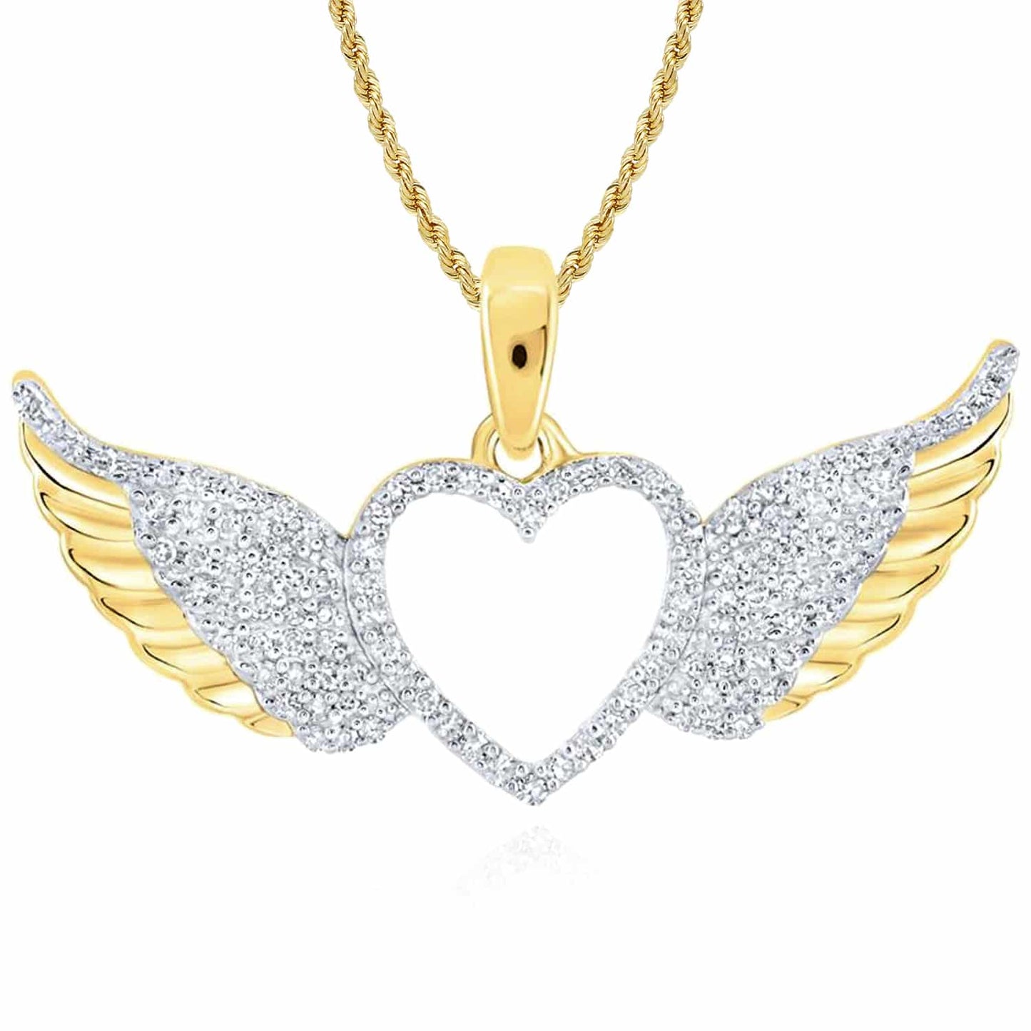 0.27CTW Real Diamond 10K Gold Yellow White Open Heart Wings Pendant 0.7"