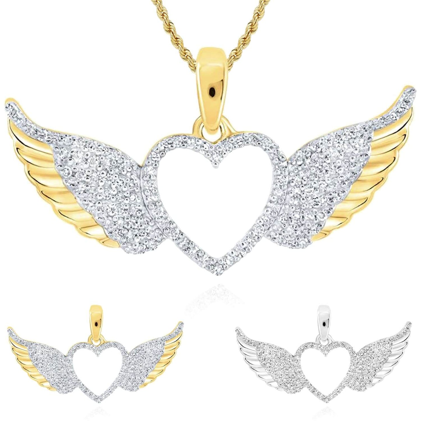 0.27CTW Real Diamond 10K Gold Yellow White Open Heart Wings Pendant 0.7"