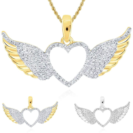 0.27CTW Natural Diamond 10K Gold Yellow White Open Heart Wings Pendant 0.7"