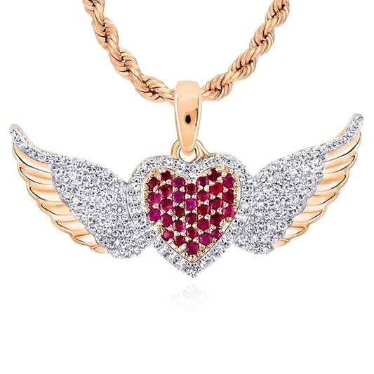 0.41CTW Natural Diamond w/ Ruby 10K Rose Gold Heart Wings Pendant 0.7"