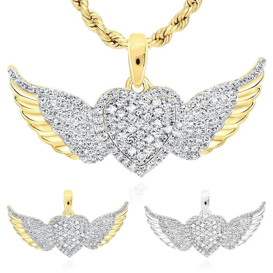 0.41CTW Natural Diamond 10K Gold Yellow White Heart Wings Pendant 0.7"