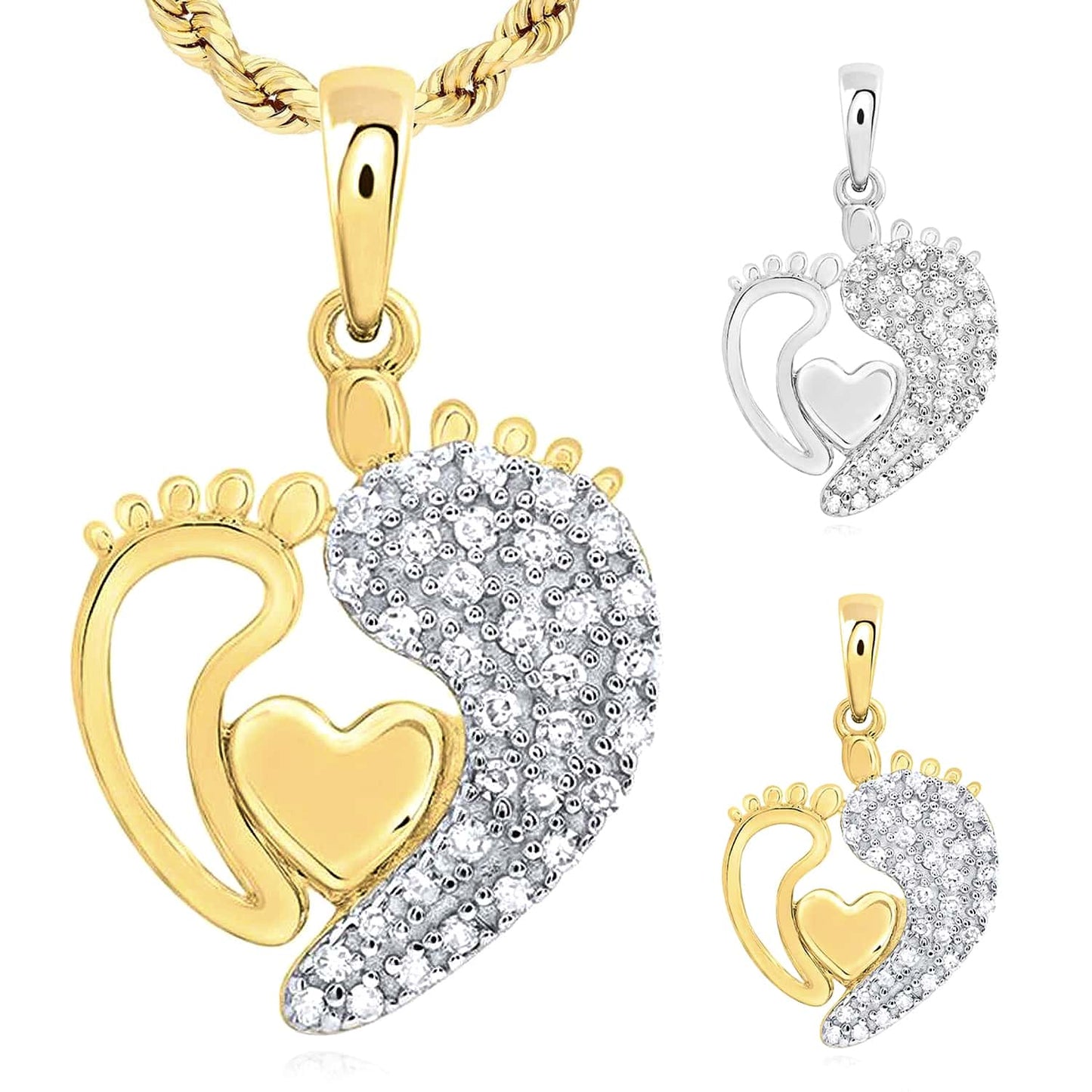 0.13CTW Real Diamond 10K Gold Mother Child Footprints Heart Pendant 0.7"