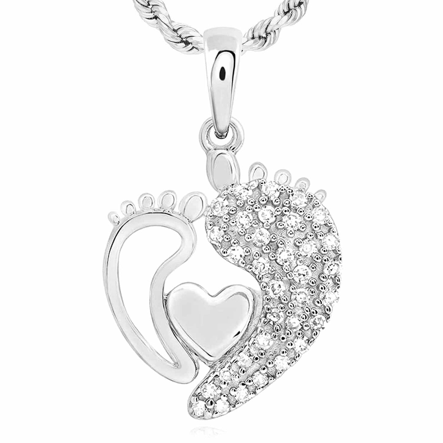 0.13CTW Real Diamond 10K Gold Mother Child Footprints Heart Pendant 0.7"