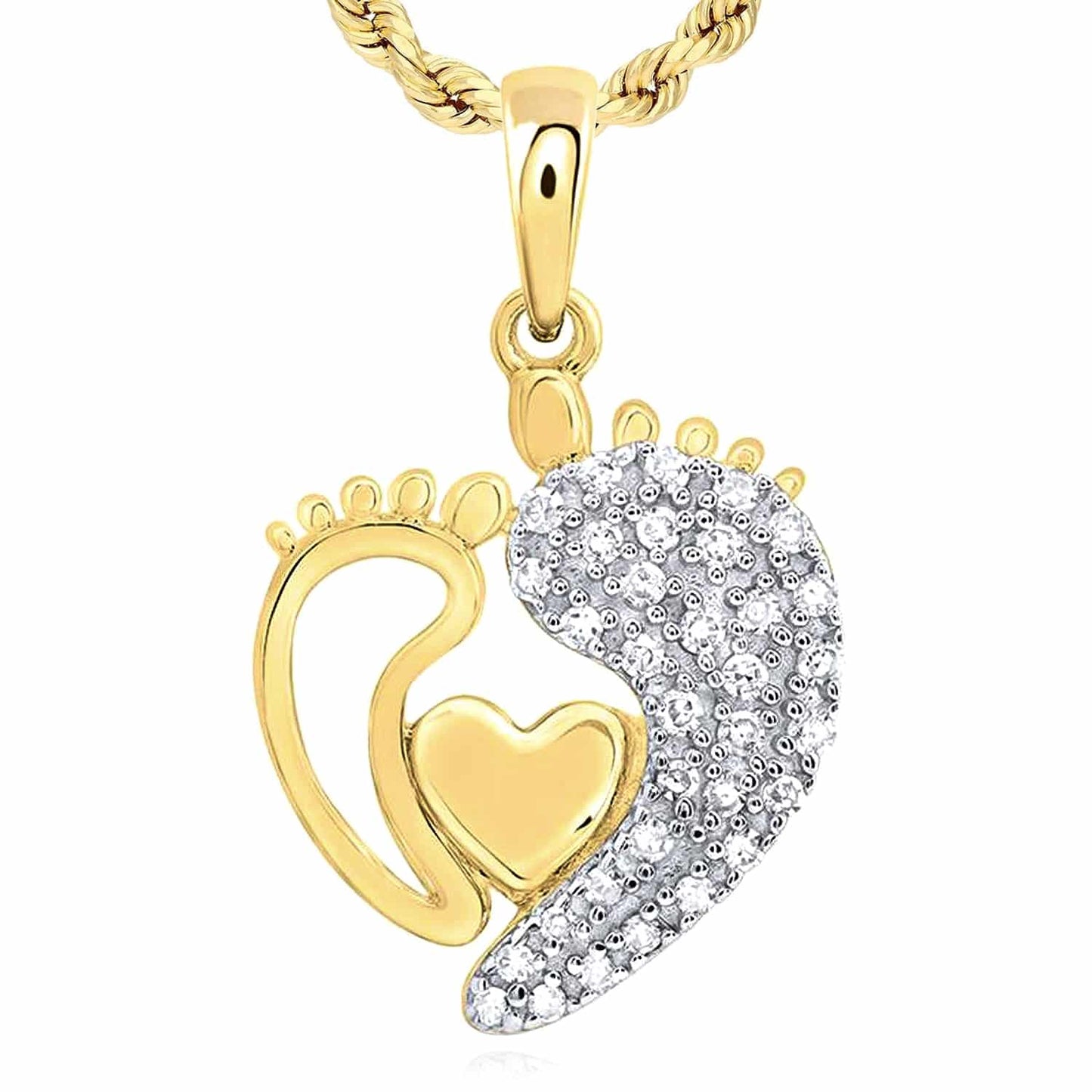 0.13CTW Real Diamond 10K Gold Mother Child Footprints Heart Pendant 0.7"